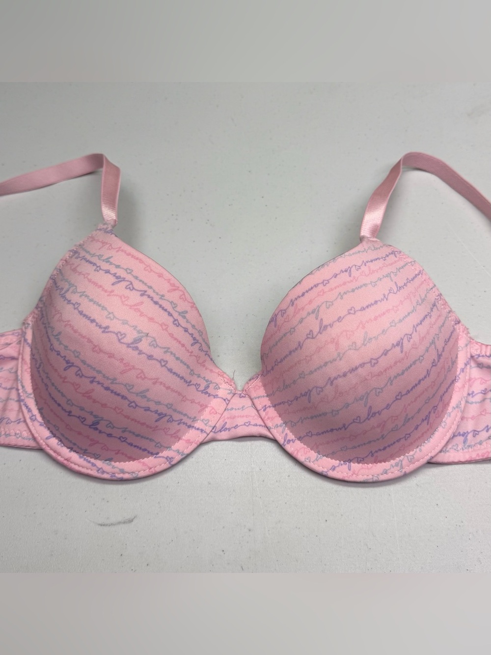 Pink Love Script Print Padded Underwire T-Shirt Bra 34A *P1096